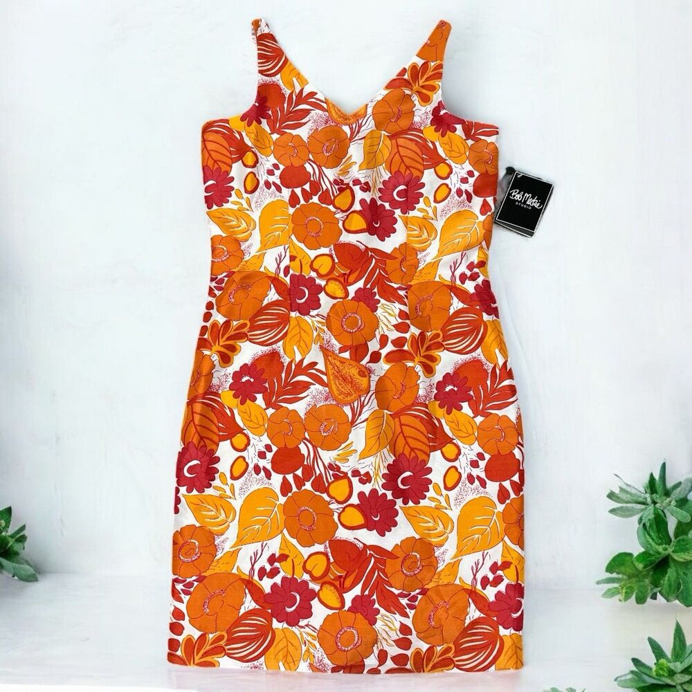 Bob Mackie Studio Silk Dress Womens 4 Orange Red Floral Midi Retro Mod NWT
